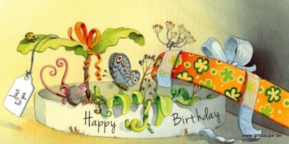 carte postaleillustrée par dominique mertens et éditée aux éditions de cortil Happy birthday