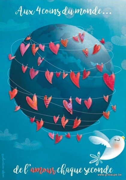 carte postale illustrée par valentine iokem et éditée aux éditions de cortil aux 4 coins du monde de l'amour chaque seconde