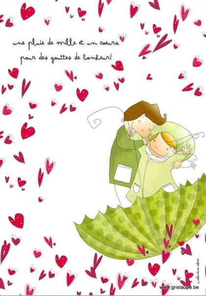 carte postale illustrée par valentine iokem et éditée aux éditions de cortil unepluie de mille et un coeurs pour des gouttes de bonheur