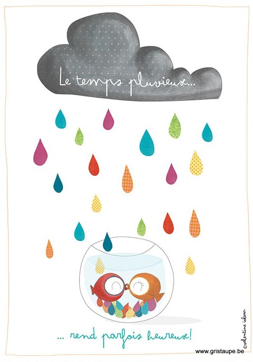 carte postale illustrée par vazlentine iokem et éditée aux éditions de cortil le temps pluvieux rend parfois heureux