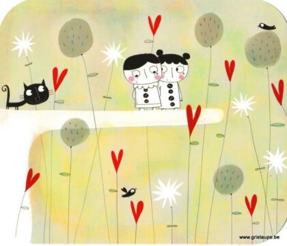 carte postale illustrée par nicolas gouny et éditée aux éditions des correspondances deux pierrots et un chat noir