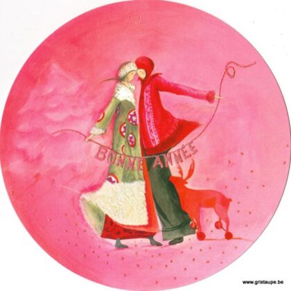 carte postale illustrée par anne sophie rutsaert représentant un couple et un renne
