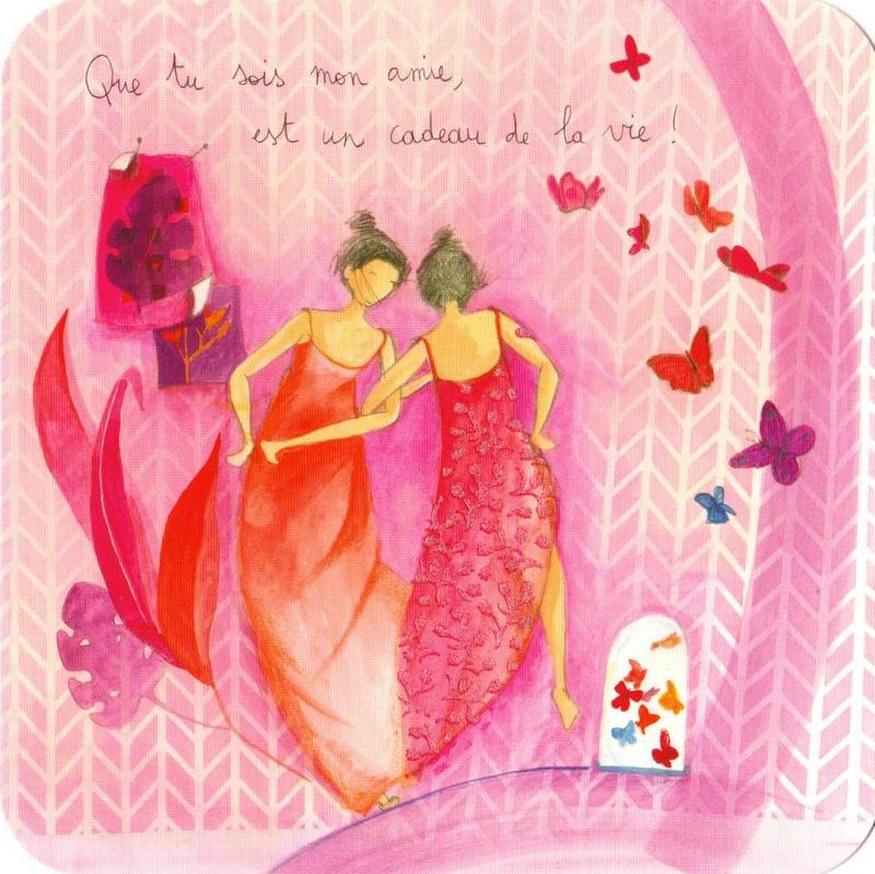 carte postale illustrée par anne sophie rutsaert et éditée aux éditions des correspondances deux personnages dansant autour des papillons