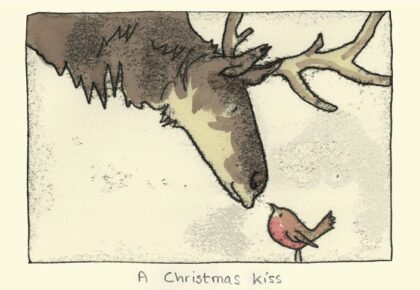 Carte de voeux avec texte en anglais représentant un renne et un rouge-gorge se donnant un bisou