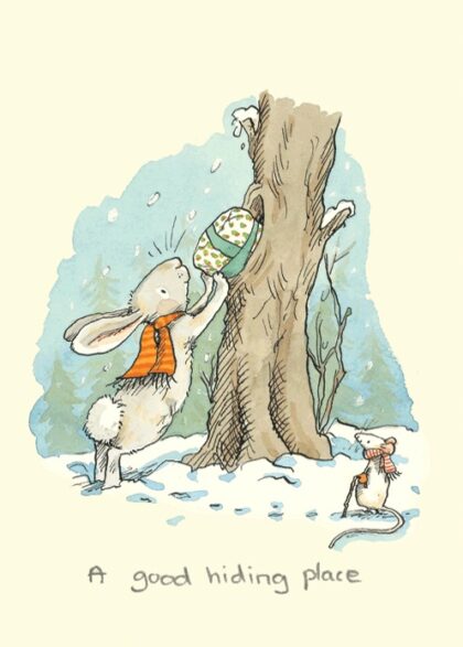 Carte de voeux avec texte en anglais représentant un lapin accompagné d'une petite souris cachant un cadeau dans un arbre