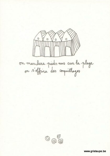carte postale double illustrée par papillonnage représentant des cabines de plage et des coquillages