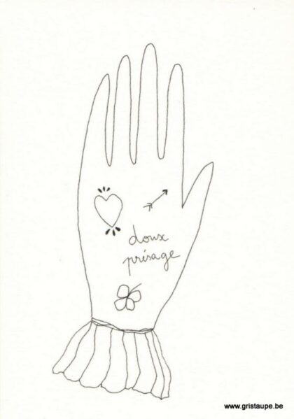 carte postale double illustrée par papillonnage et illustrant une main