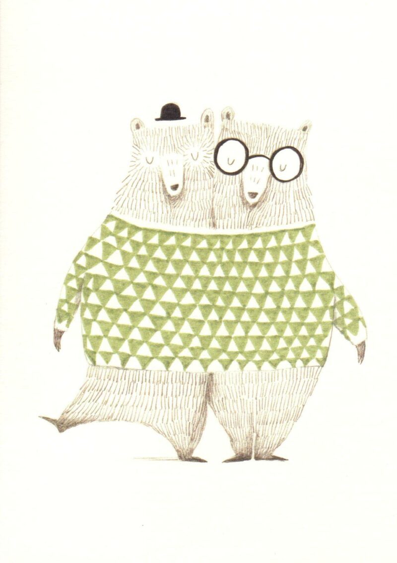 carte postale illustrée et éditée par aline tekent représentant deux ours dans un pull