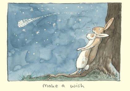 carte postale illustrée par anita jeram et éditée aux éditions two bad mice repréntant des lapins devant une étoile filante