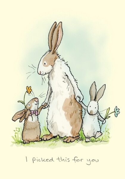 carte postale illustrée par anita jeram et éditée aux éditions two bad mice représentant un lapin offrant une fleur