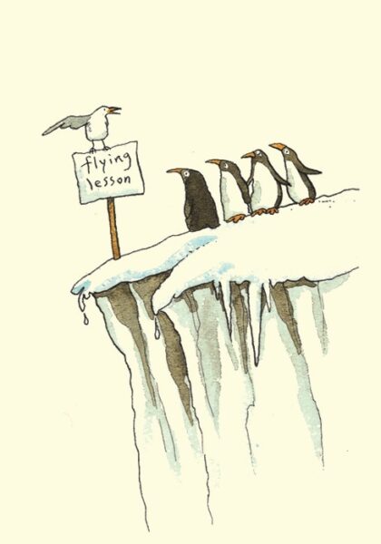 carte postale illustrée par anita jeram et éditée aux éditions two bad mice représentant des pingouins prenant des leçons de vol
