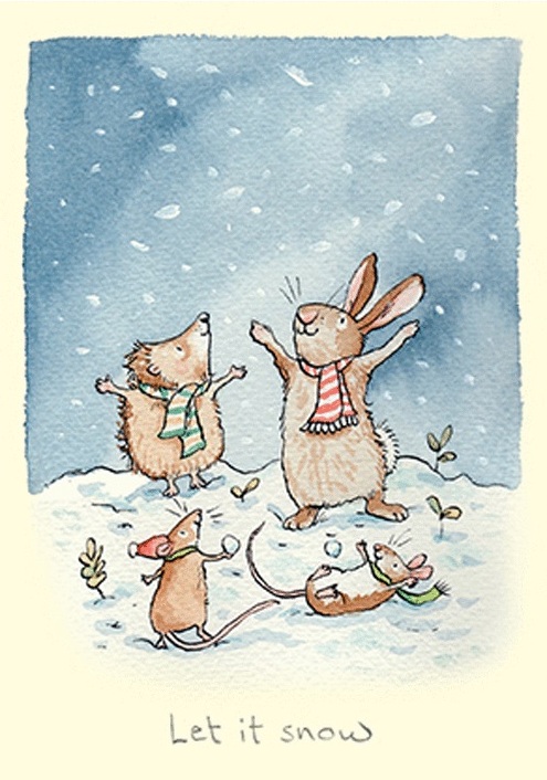 carte postale illustrée par anita jeram et éditée aux éditions two bad mice représentant des animaux sous la neige