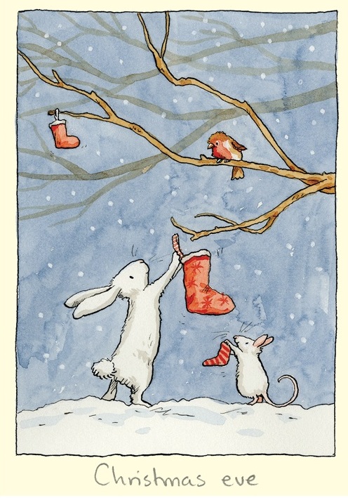 carte postale illustrée par anita jeram et éditée aux éditions two bad mice représentant des lapins devant un arbre de noel