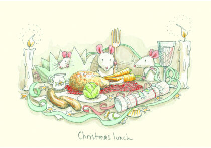 carte postale illustrée par anita jeram et éditée aux éditions two bad mice représentant des souris devant un repas de fête