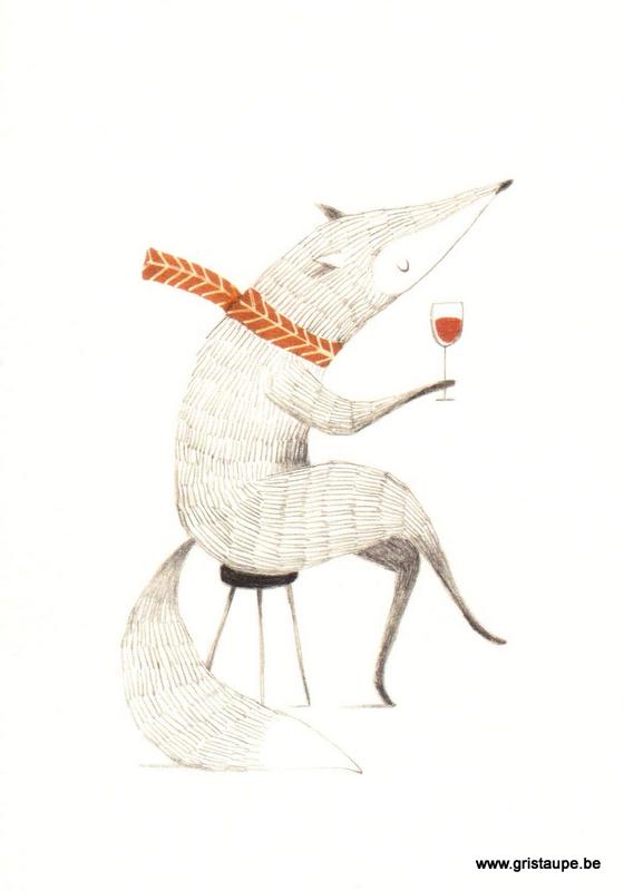 carte postale illustrée et éditée par aline tekent représentant un renard buvant un verre de vin