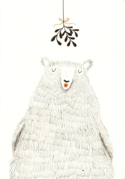 carte postale illustrée et éditée par aline tekent représentant un ours sous le gui