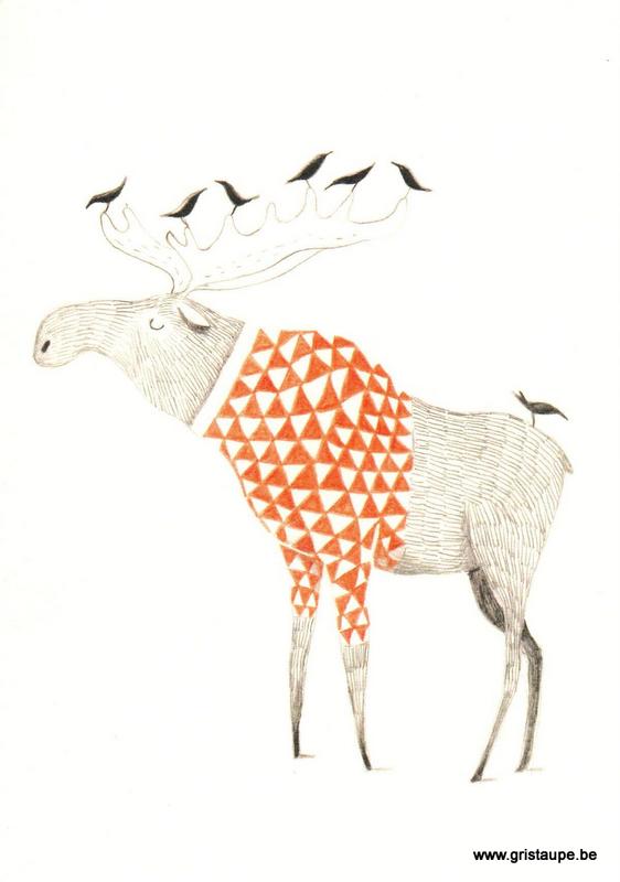 carte postale illustrée et éditée par aline tekent représentant un renne de noel
