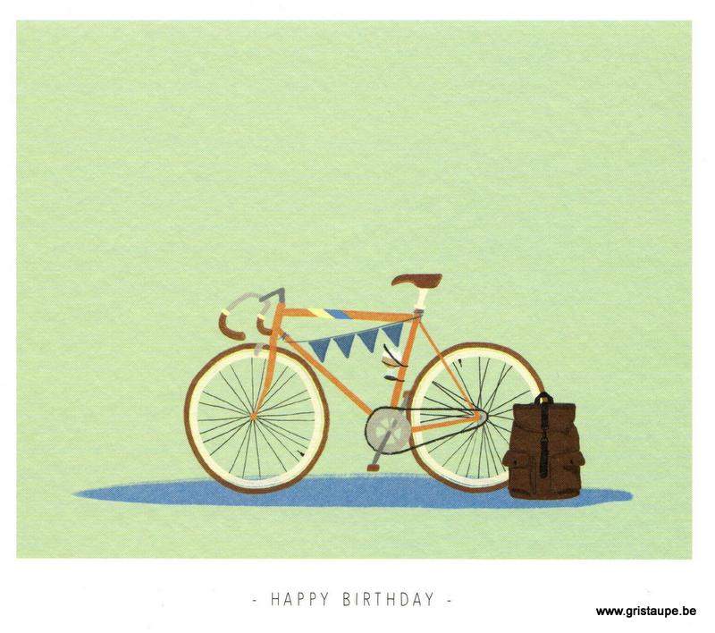 carte postale illustrée par kelly marie et éditée chez mailbox représentant un vélo avec des fanions