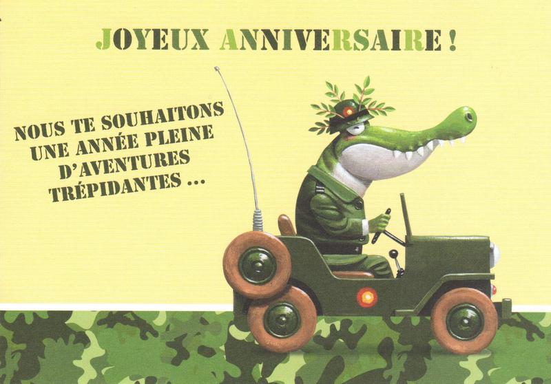 carte postale illustrée par leo timmers et éditée par enfant terrible représentant un crocodile dans une jeep