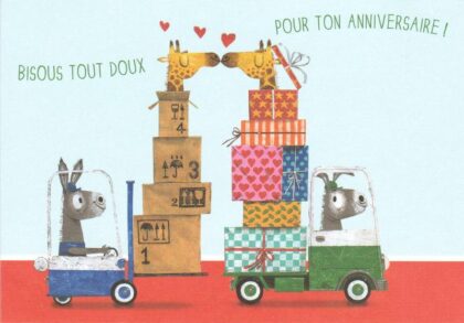 carte postale illustrée par leo timmers et éditée par enfant terrible représentant des girafes se donnant des bisous autour de cadeaux