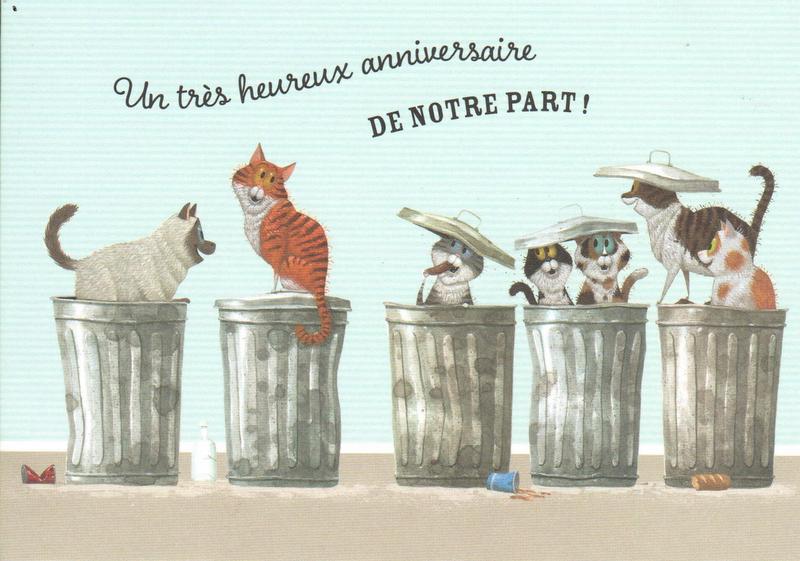 carte postale illustrée par leo timmers et éditée par enfant terrible représentant des chats dans des poubelles