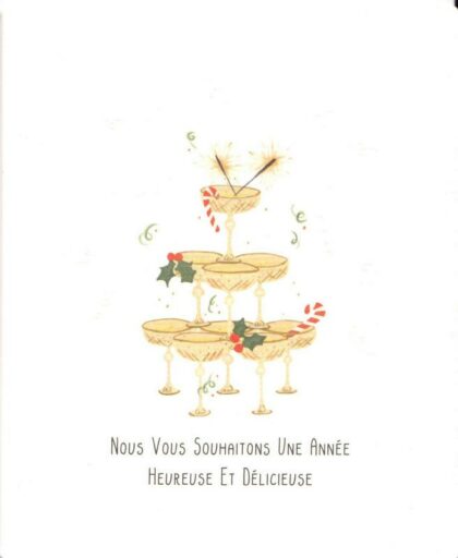 carte postale illustrée par little stories et éditée par mail box représentant une pyramide de verres de champagne