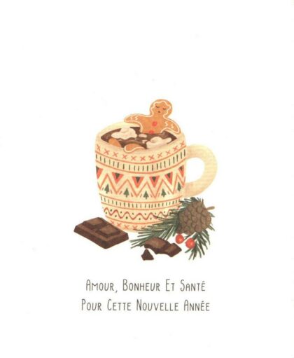 carte postale illustrée par little stories et éditée par mail box représentant un bonhomme en pain d'épice dans une tasse de chocolat chaud