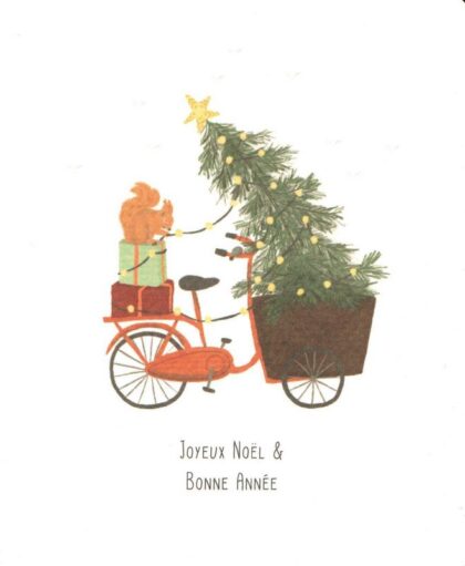 carte postale illustrée par little stories et éditée par mail box représentant un écureuil sur un velo pour faire les courses de noel