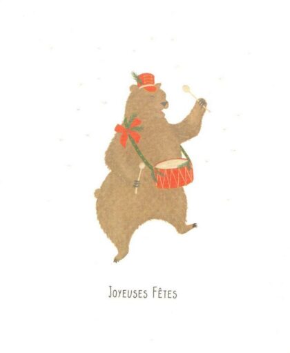 carte postale illustrée par little stories et éditée par mail box représentant un ours jouant du tambour de noel