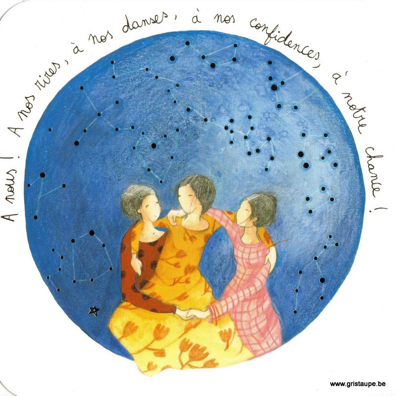 carte postale illustrée par anne sophie rutsaert et éditée aux éditions des correspondances illustrant 3 personnages sous les étoiles