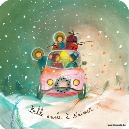 carte postale illustrée par anne sophie rutsaert et éditée aux éditions des correspondances illustrant des personnage dans une fiat 500 sous la neige remplie de cadeaux