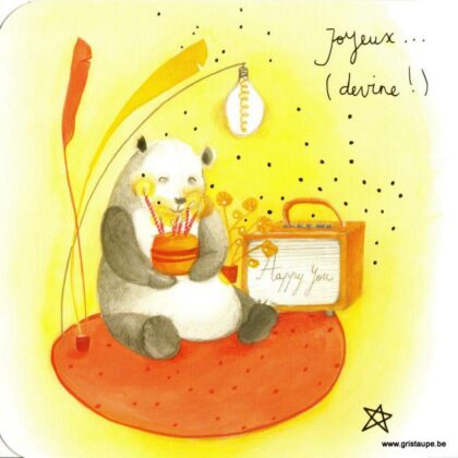 carte postale illustrée par anne sophie rutsaert et éditée aux éditions des correspondances illustrant un panda avec un gâteau d'anniversaire