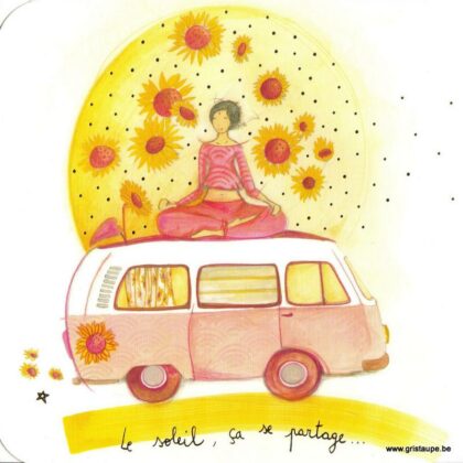 carte postale illustrée par anne sophie rutsaert et éditée aux éditions des correspondances illustrant un personnage faisant du yoga sur le toit d'un van