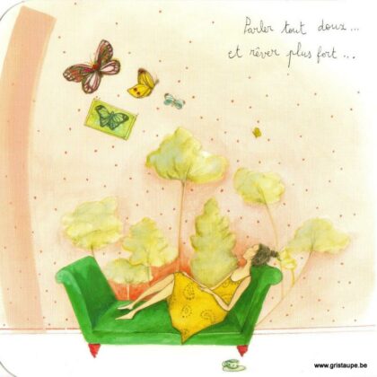 carte postale illustrée par anne sophie rutsaert et éditée aux éditions des correspondances illustrant un personnage couché dans un canapé regardant des papillons