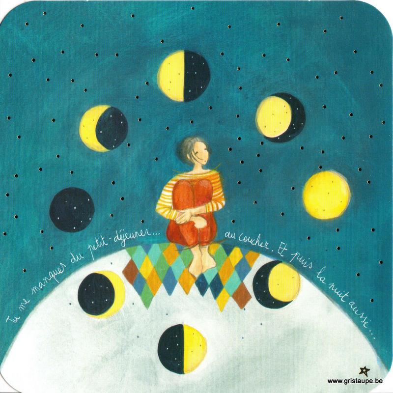 carte postale illustrée par anne sophie rutsaert et éditée aux éditions des correspondances illustrant un personnage regardant le cycle de la lune