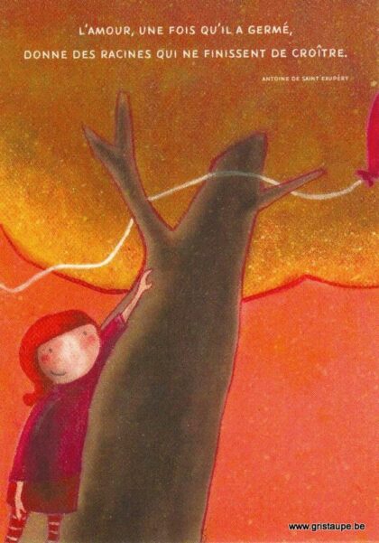 carte postale illustrée et éditée par amandine collart illustratrice sous le nom les petites choses d'amandine représentant une jeune fille caressant un arbre