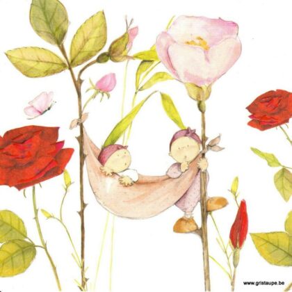 carte postale de la collection Lily's garden représentant des personnages dans un hamac entre deux roses
