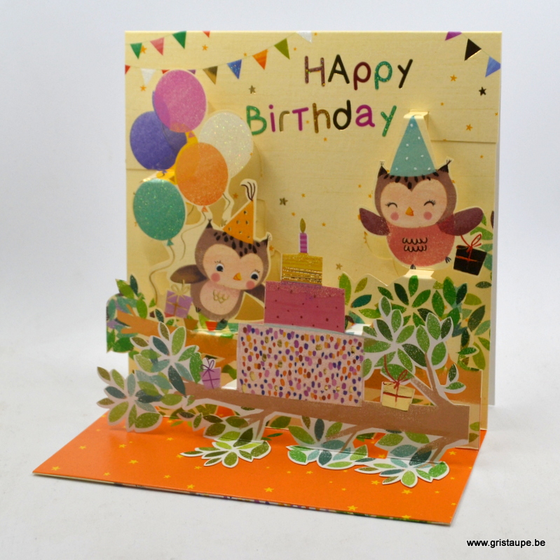 carte postale pop up représentant des hiboux fêtant un anniversaire