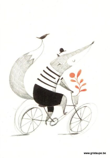 carte postale illustrée par aline tekent et représentant un renard sur une bicyclette