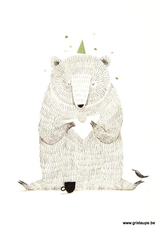 carte postale illustrée par aline tekent et représentant un ours mangeant une tartine