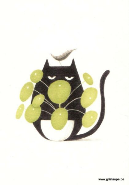 carte postale illustrée par aline tekent et représentant un chat derrière une plante verte