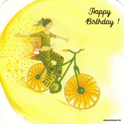 carte postale illustrée par anne sophie rutsaert représentant un personnage sur un vélo de tournesol