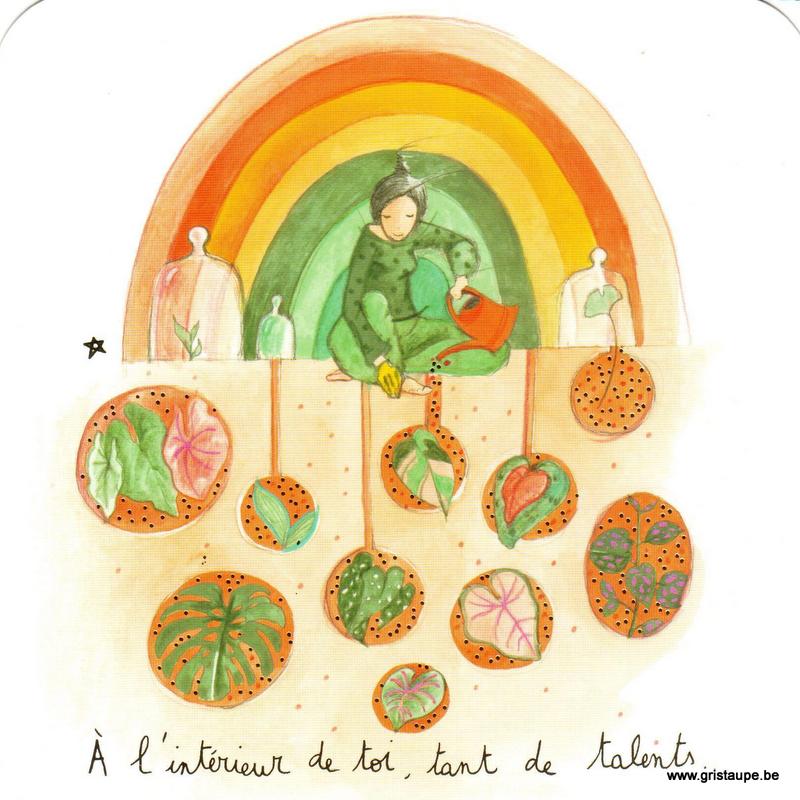 carte postale illustrée par anne sophie rutsaert représentant un personnage arrosant des plantes suspendues à un arc en ciel