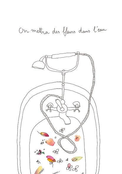 carte postale illustrée par papillonnage représentant des fleurs dans une baignoire