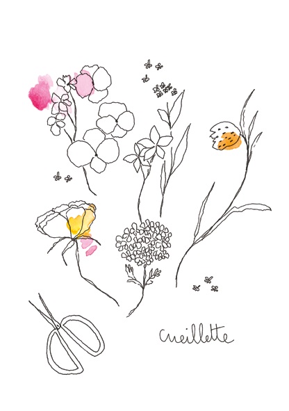 carte postale illustrée par papillonnage représentant des fleurs coupées