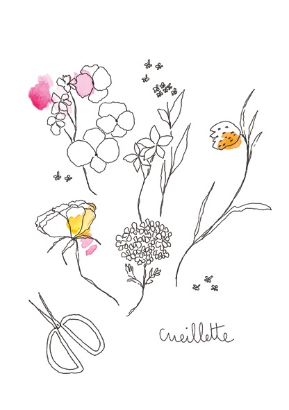 carte postale illustrée par papillonnage représentant des fleurs coupées