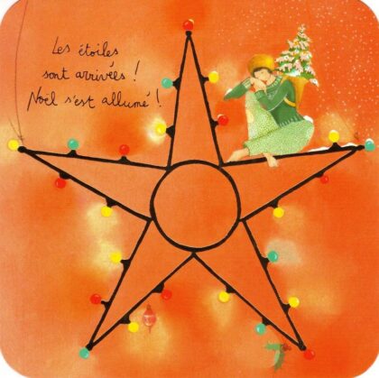 carte postale illustrée par anne sophie rutsaert illustrant un personnage assis sur une étoile lumineuse