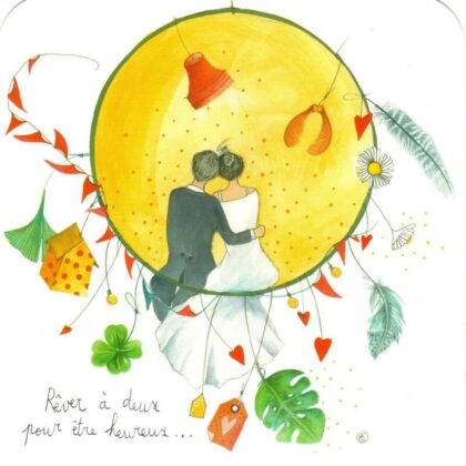 carte postale d'anne sophie rutsaertillustrant des mariés assis sur un attrape rêve