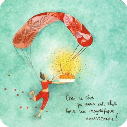 carte postale d'anne sophie rutsaert illustrant un personnage en parachute
